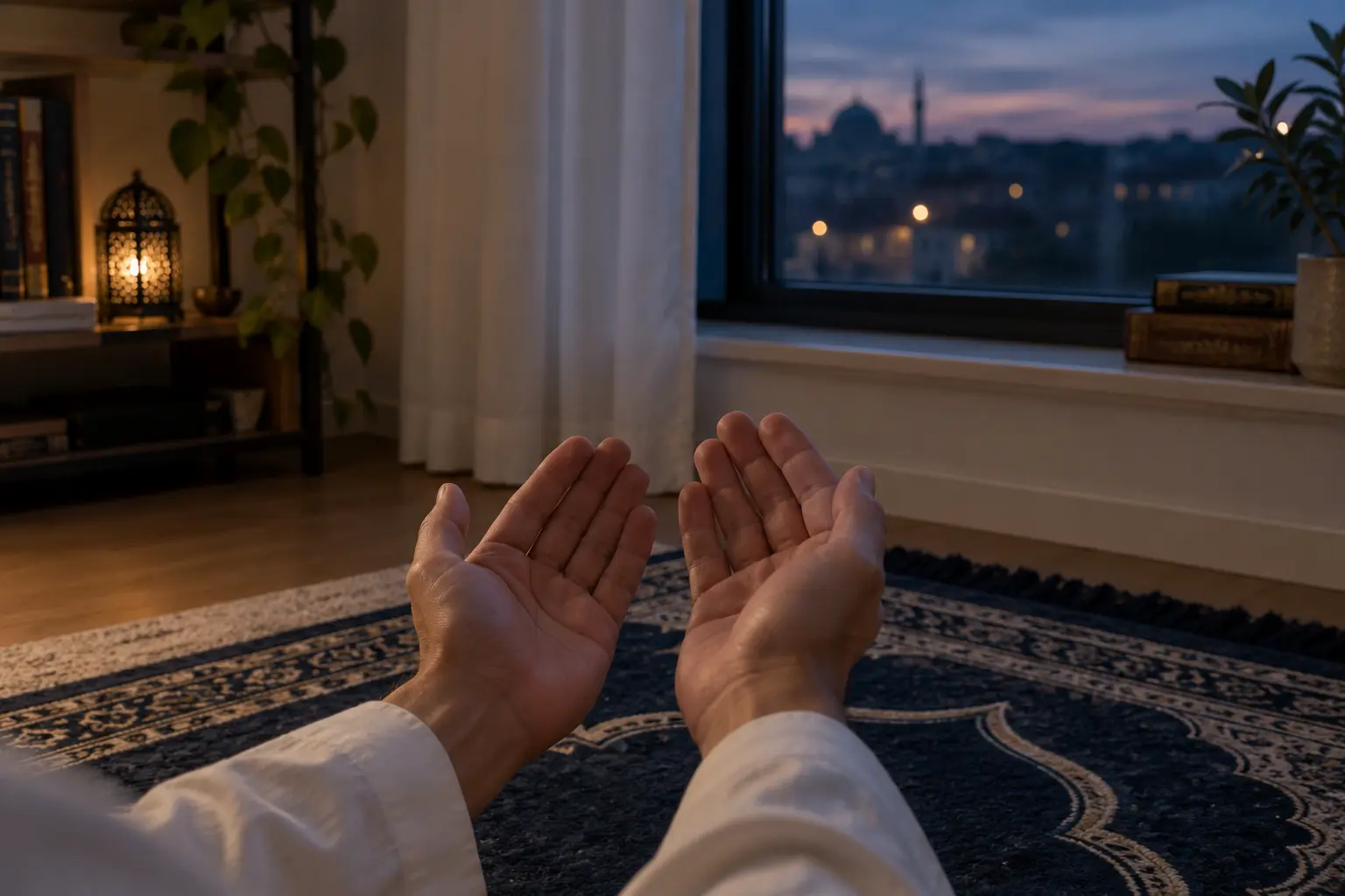 Hands raised in sincere personal dua in a peaceful home prayer space at dusk