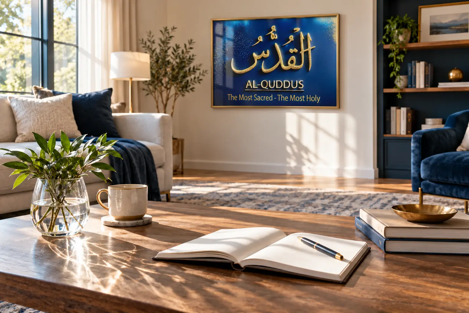 Framed Al-Quddus calligraphy above an open reflection notebook in a calm blue and cream home