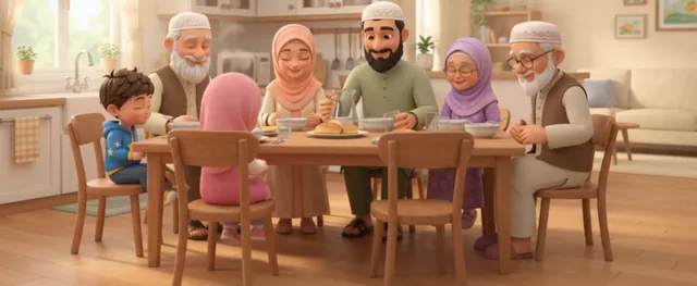 Hamaza, Ayesha and their family sharing a meal at the kitchen table