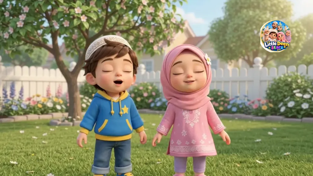 Hashim and Ayesha standing in a sunny garden full of flowers, eyes closed, as they say Alhamdulillah with happy faces