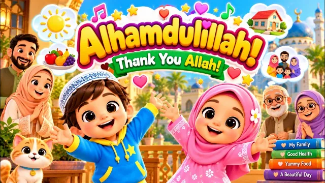 Little Deen Stars Hamaza and Ayesha cheering under the words Alhamdulillah! Thank You Allah!
