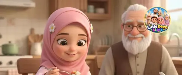 Little Deen Stars Ayesha about to eat at the kitchen table with Dada Ibrahim