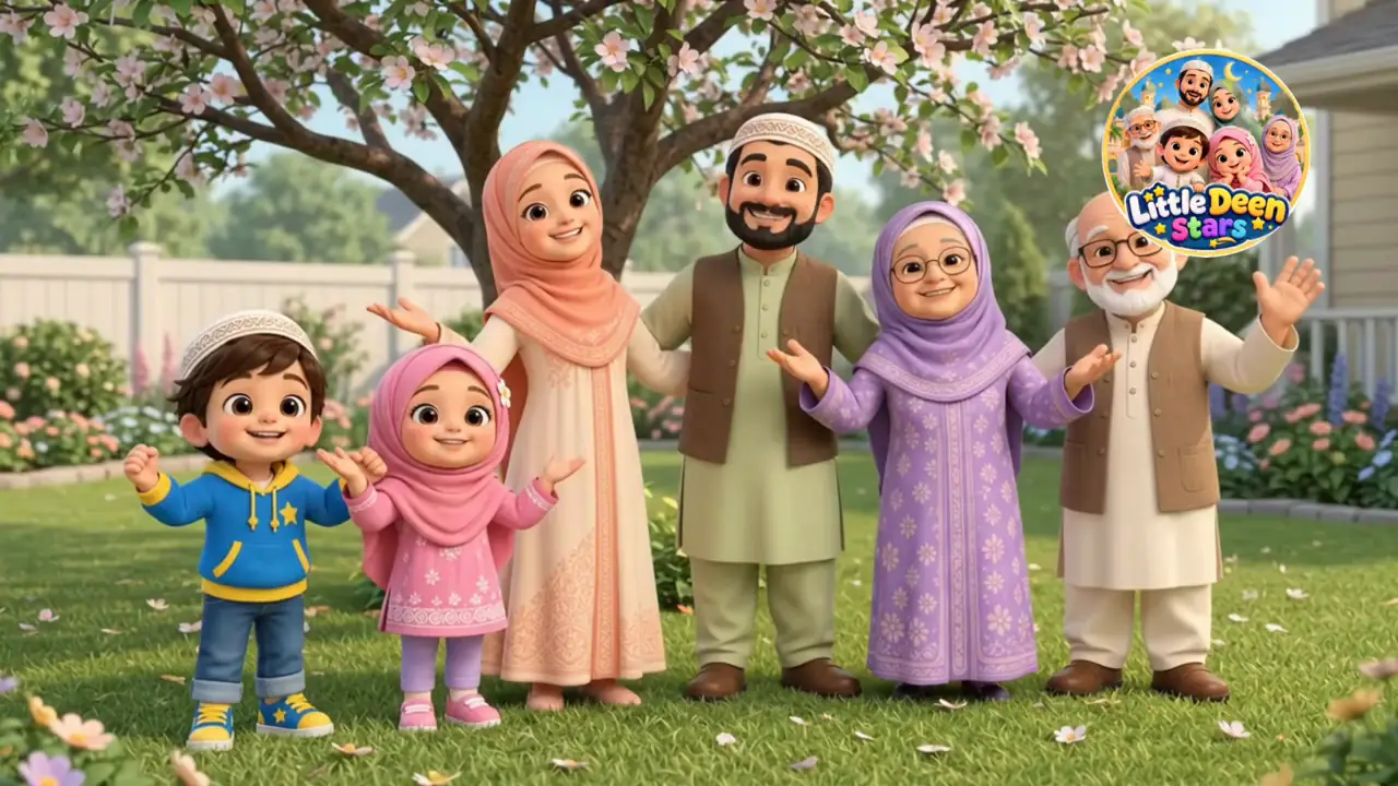 Hamaza, Ayesha, their parents and grandparents standing together in a sunny garden, smiling and waving