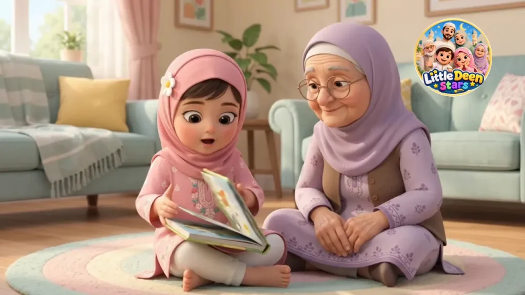 Ayesha sitting cross-legged on a rug, opening a picture book with her grandmother, Dadi Fatima