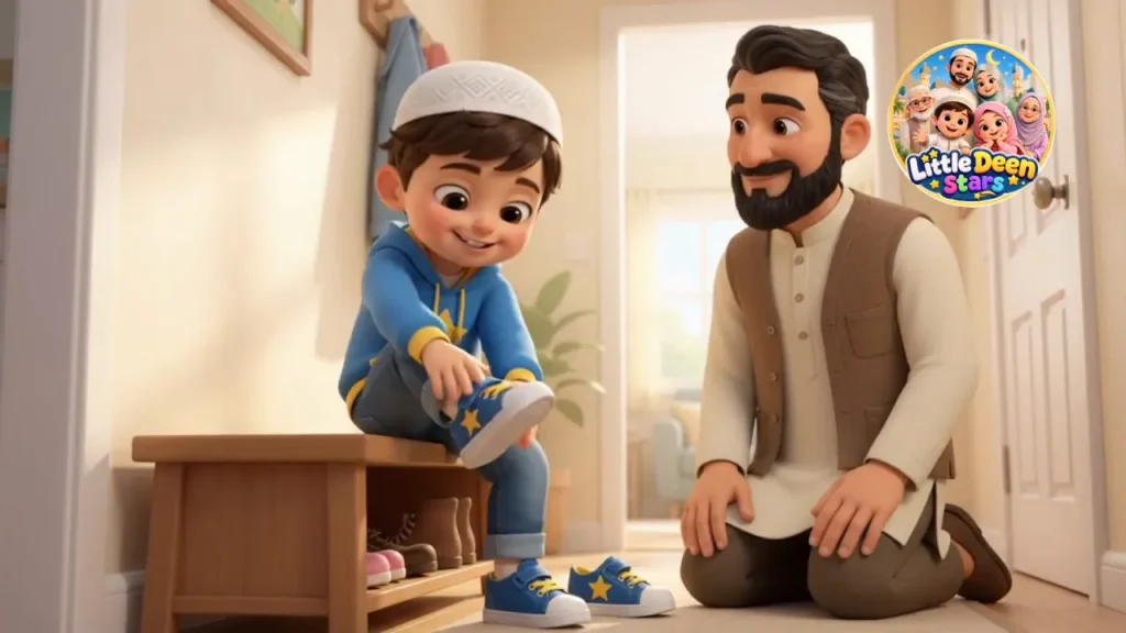 Hamaza sitting on a bench by the front door putting on his trainers while his father, Baba Yusuf, kneels beside him and smiles