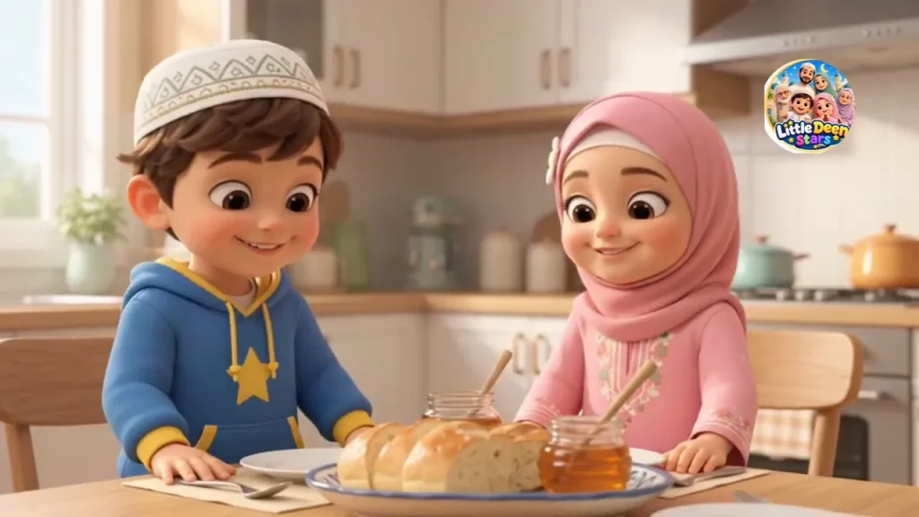 Hamaza and Ayesha sitting at the kitchen table with a plate of bread and honey