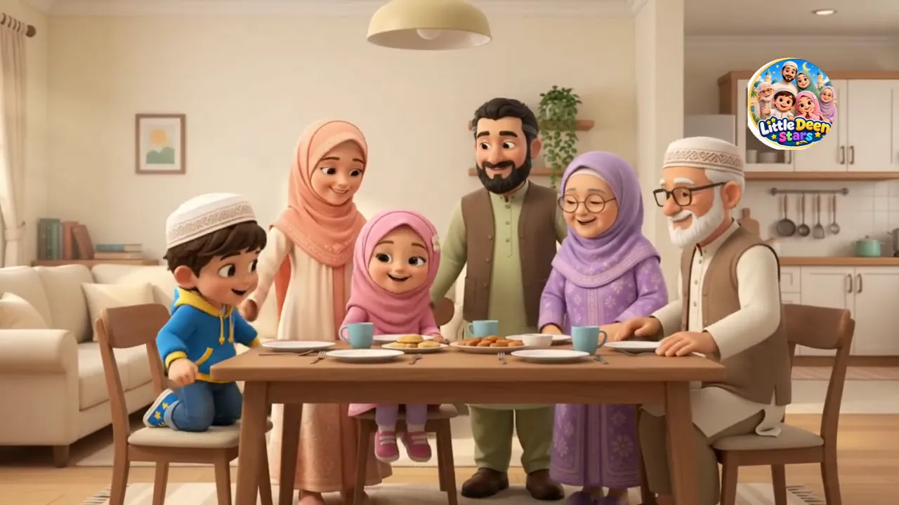 Hashim, Ayesha, their parents and grandparents gathering round the table for a family meal, a natural time to practise Islamic mealtime manners