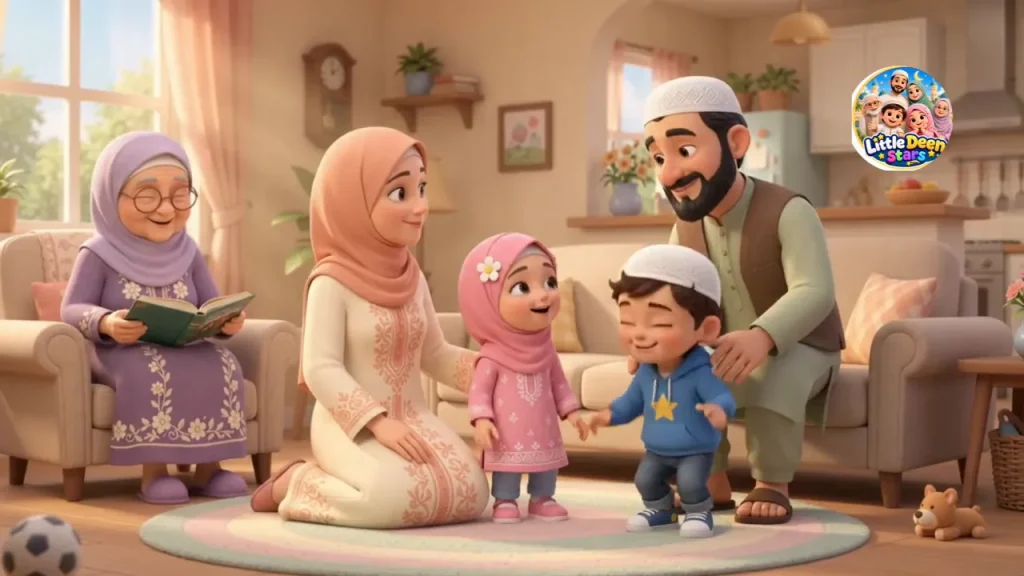 The Little Deen Stars family gathered in the living room, with Dadi Fatima reading a book while the children smile with their parents