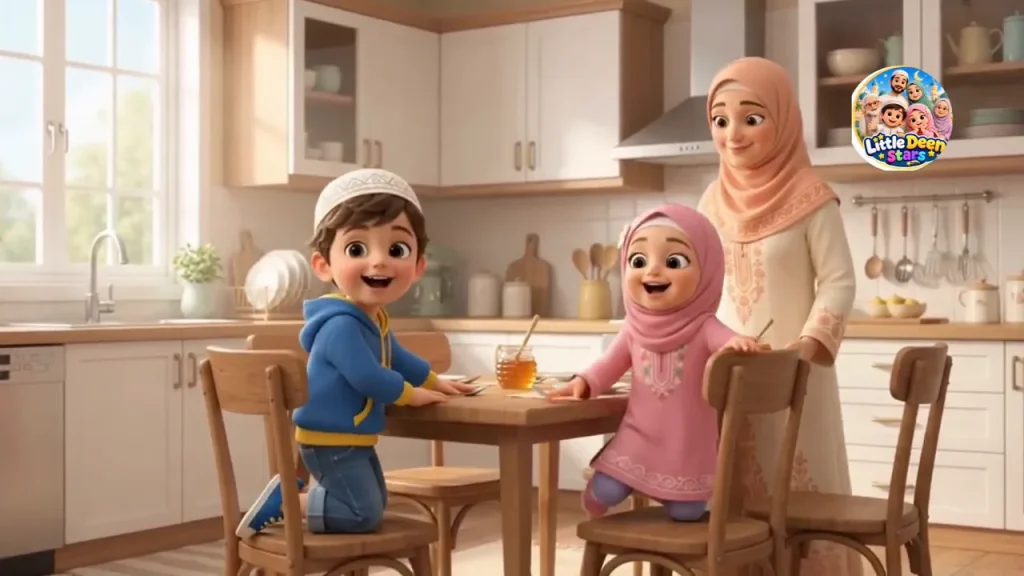 Hashim and Ayesha arriving at the kitchen table as their mother, Mama Maryam, gets breakfast ready