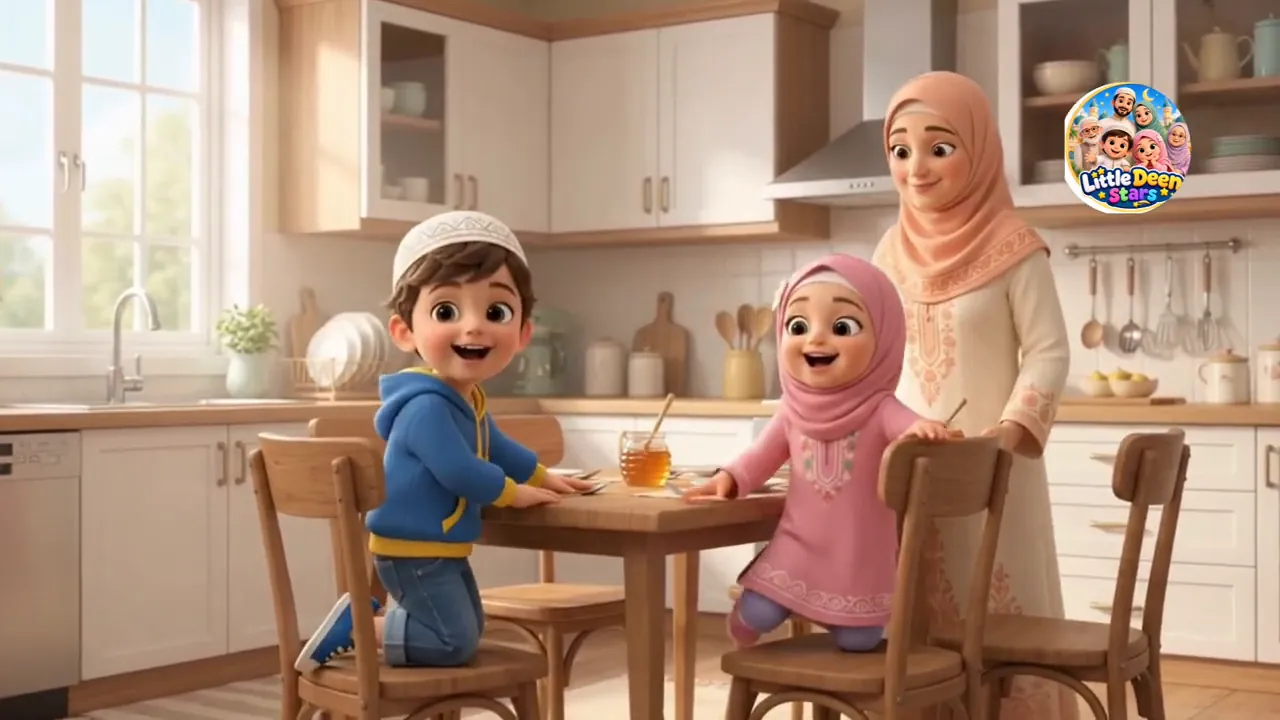 Hashim and Ayesha arriving at the kitchen table as their mother, Mama Maryam, gets breakfast ready