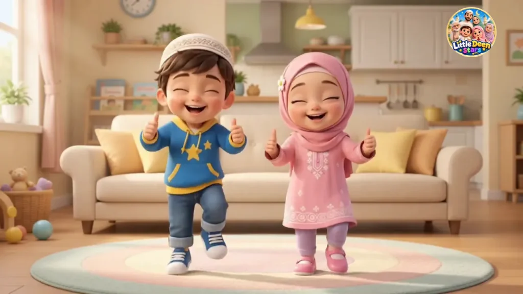 Hashim and Ayesha giving happy thumbs-up gestures as they play together in their living room