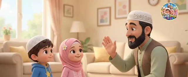 Hamaza and Ayesha greeting Baba Yusuf in their living room